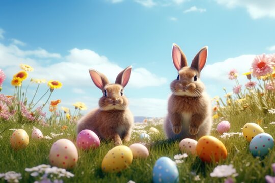 Two bunnies are sitting in a field surrounded by colorful Easter eggs. This image can be used for Easter-themed designs or to represent the joy and beauty of spring