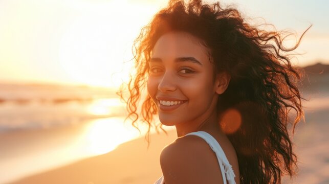 A radiant young woman with curly hair smiling at the camera standing on a beach with the sun setting behind her.