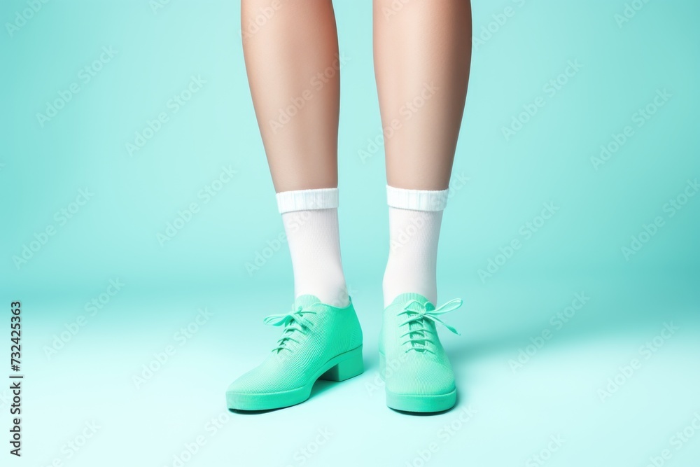 Poster A picture of a person wearing green shoes and white socks. This versatile image can be used in various contexts