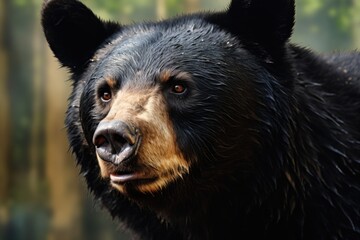 A close-up view of a bear's face with trees in the background. This image can be used for nature-themed projects or to depict wildlife in its natural habitat
