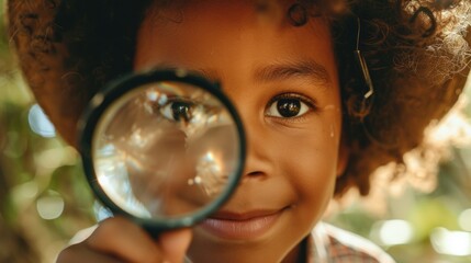 A young child with curly hair wearing glasses looking through a magnifying glass with a focused expression. - 732425356