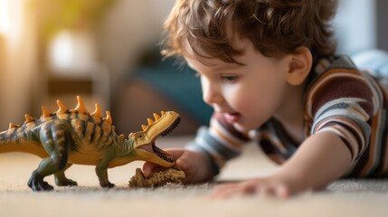 A young child with curly hair wearing a striped shirt playfully interacting with a toy dinosaur on...