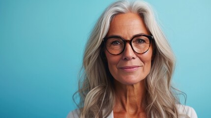 Woman with gray hair wearing glasses smiling against blue background.