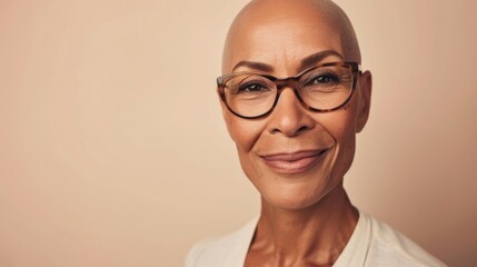 Smiling bald woman with glasses and a white top.