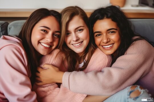 Three women are sitting on top of a couch. This picture can be used for various purposes
