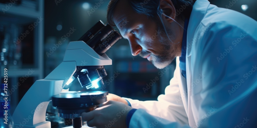 Poster A man in a lab coat is carefully observing a specimen through a microscope. This image can be used to depict scientific research, laboratory work, or educational purposes
