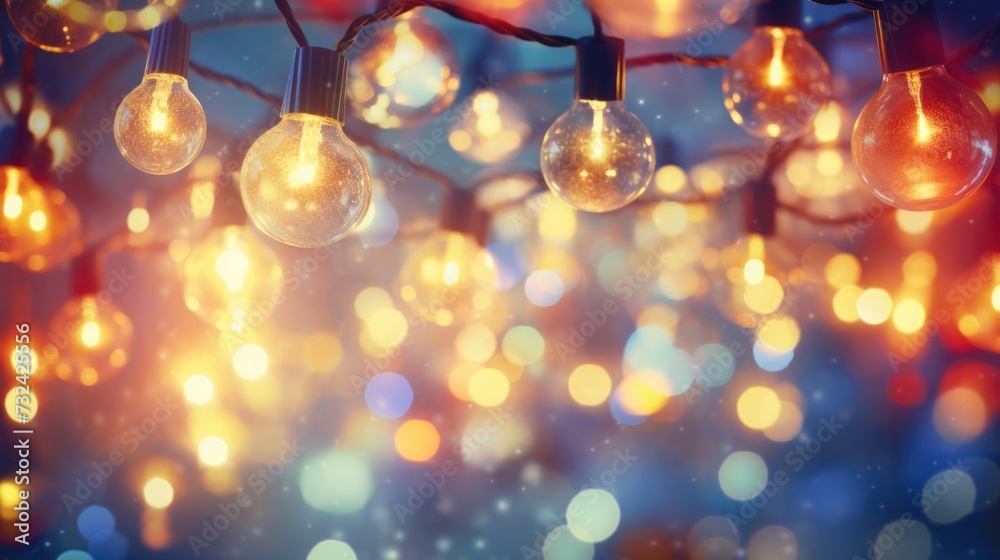Poster A collection of light bulbs hanging from a string. Ideal for adding a decorative touch to any space