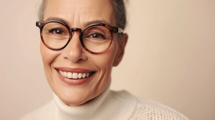 Smiling woman with glasses and white turtleneck.