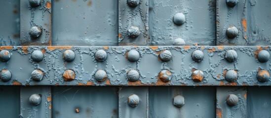 A detailed view of a corroded metal surface featuring screws, rivets, and rust. Perfect for gas, engineering, machine, metal, and steel industries.