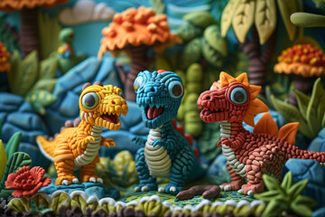 Fototapeta premium Artistic clay dinosaur models by a river in a Jurassic setting. Creative scene with handmade dinosaur sculptures in a natural habitat. Prehistoric ecosystem concept