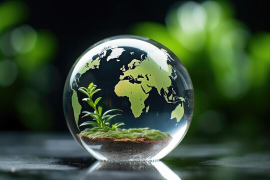Glass globe with a plant growing inside. Perfect for botanical themes and eco-friendly concepts