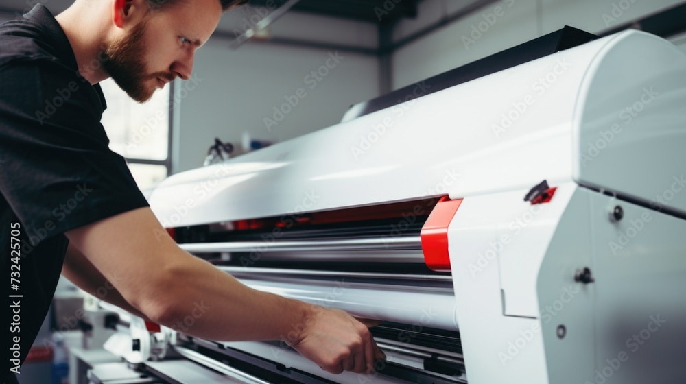 Poster a man is seen working on a machine in a factory. this image can be used to depict industrial work or