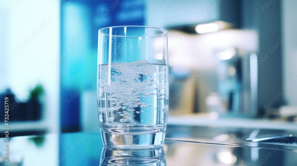 Poster A simple image of a glass of water placed on a counter. Suitable for various uses