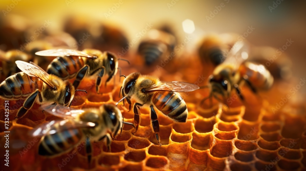 Poster a group of bees gathered on a honeycomb. perfect for illustrating the busy and productive nature of 