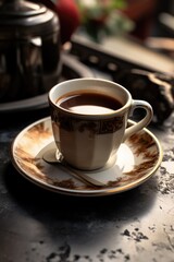 A cup of coffee placed on a saucer. Suitable for various uses
