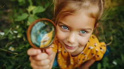 A young girl with blue eyes holding a round mirror in a grassy field smiling.