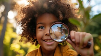 A young child with curly hair wearing a yellow top holding a magnifying glass and looking at the reflection of a tree in the glass with a bright and blurred background of a forest. - obrazy, fototapety, plakaty