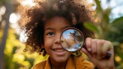 Fotobehang A young child with curly hair wearing a yellow top holding a magnifying glass and looking at the reflection of a tree in the glass with a bright and blurred background of a forest. © iuricazac
