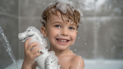 A young boy with blonde hair smiling and holding a toy dinosaur enjoying a bath with bubbles. - 732425780