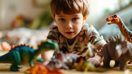 Young boy with brown hair wearing a striped shirt sitting on the floor surrounded by various dinosaur toys looking at the camera with a slight smile.