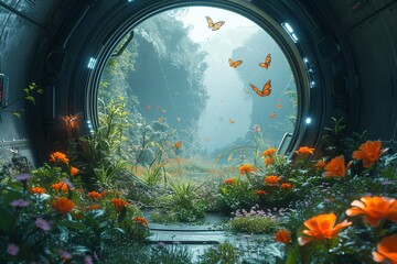 Butterfly Effect - A futuristic scene with a group of butterflies flying around a large, illuminated tunnel, possibly inspired by the popular Netflix series. Generative AI