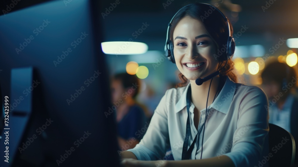 Poster A woman sitting in front of a computer wearing a headset. This image can be used to represent customer service, remote work, or technology support