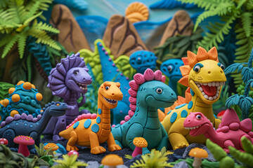 Artistic clay dinosaur models by a river in a Jurassic setting. Creative scene with handmade dinosaur sculptures in a natural habitat. Prehistoric ecosystem concept