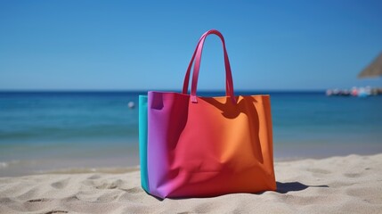 Colorful tote bag sitting on a sandy beach. Perfect for a beach vacation or a day at the seaside
