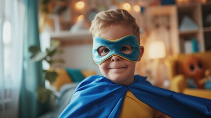 Young child in superhero costume wearing blue mask and cape smiling in a cozy room with yellow furniture and plants.