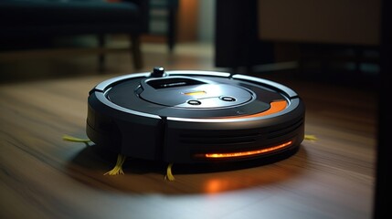A robotic vacuum cleaner sitting on a wooden floor. Ideal for household cleaning and maintaining a tidy living space