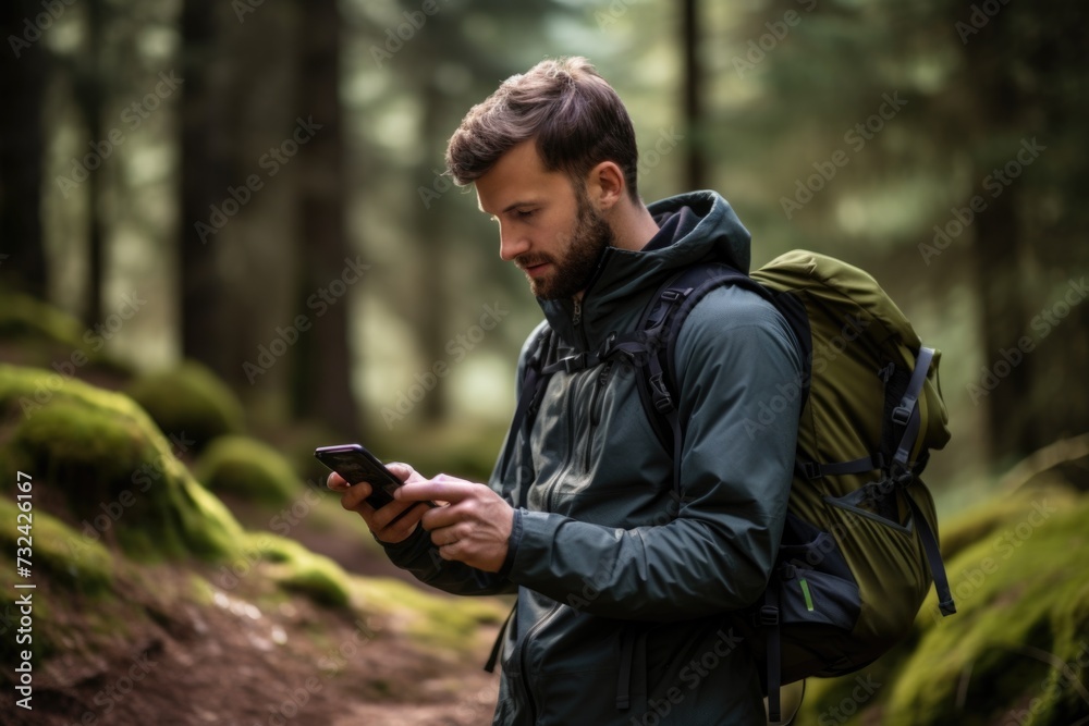 Poster a man with a backpack is seen looking at his cell phone. this image can be used to depict modern tec