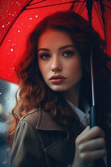 A woman holding a red umbrella in the rain. Suitable for weather-related concepts and outdoor activities