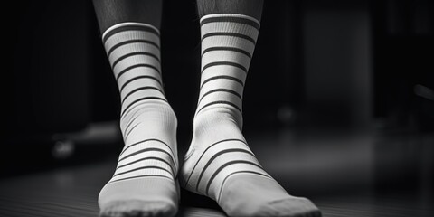 A close-up image of a person's feet wearing white socks with black stripes. This versatile image can be used to depict comfort, relaxation, or everyday activities