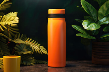A yellow and black water bottle is seen next to a yellow cup. This image can be used to depict hydration, beverages, or a healthy lifestyle