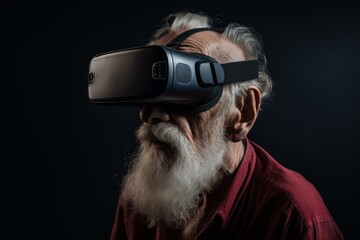 Beaming Old man happy in vr glasses. Happy game. Fictional person. Generate Ai