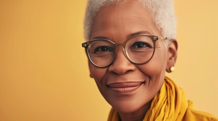 A smiling elderly woman with white hair wearing glasses and a yellow scarf against a yellow background.