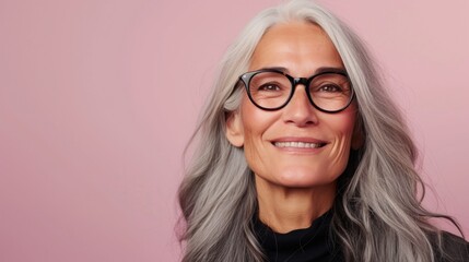 Smiling woman with gray hair and glasses wearing a black turtleneck against a pink background.
