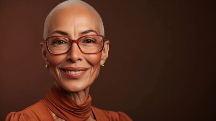 Fototapeta na wymiar Smiling woman with short hair wearing glasses and a turtleneck against a brown background.