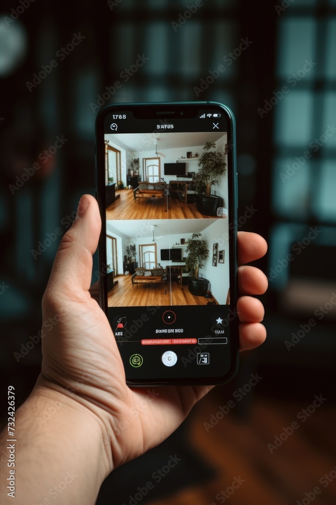 Poster A person capturing a moment in a well-designed living room. This image can be used to showcase interior design or for photography-related concepts
