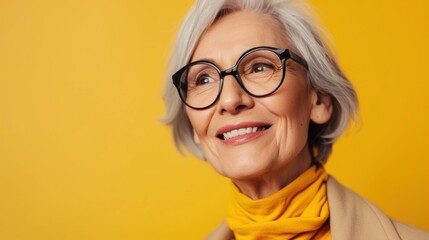 Smiling older woman with gray hair and glasses wearing a yellow scarf against a yellow background.