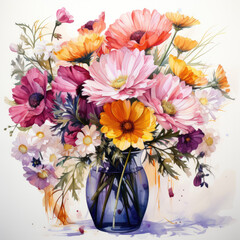 watercolor Vase of Wild Flowers clipart, Generative Ai