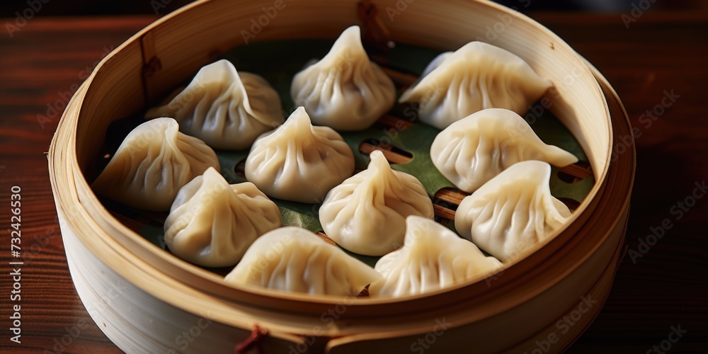 Poster a wooden container filled with dumplings placed on top of a table. perfect for food-related projects