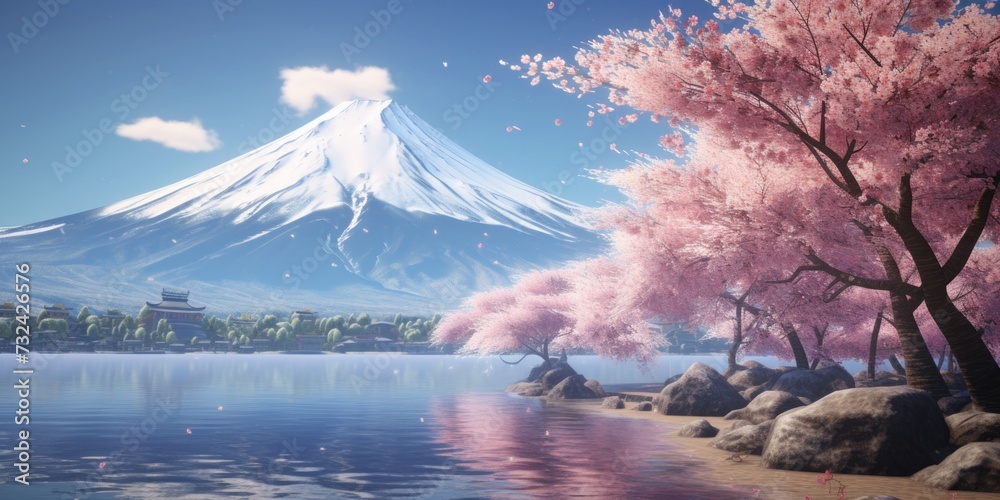 Poster a stunning image showcasing a picturesque mountain with a serene lake in the foreground. perfect for