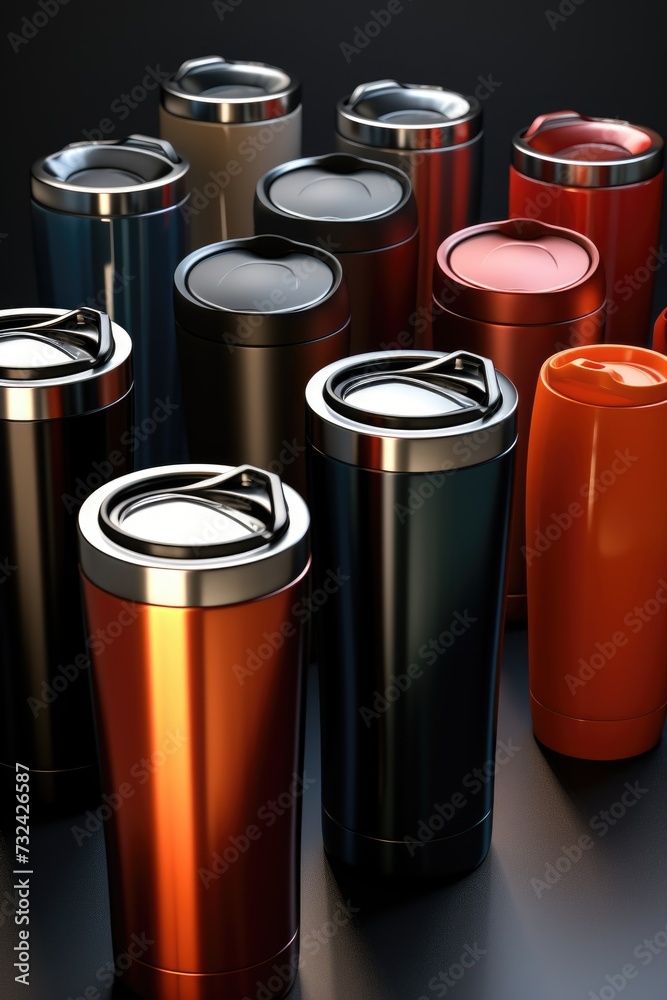 Poster Group of different colored cups sitting on a table. Suitable for various uses