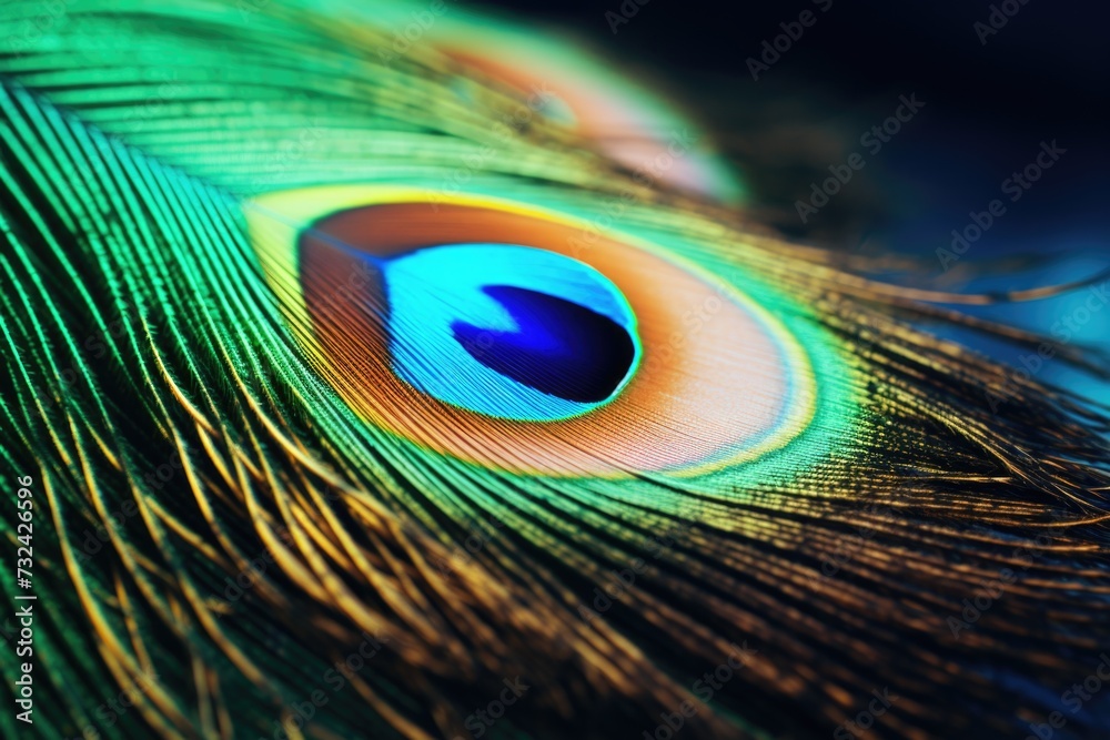 Poster Close up view of a peacock feather showcasing its intricate details and vibrant blue eye. This image can be used to add a touch of elegance and beauty to various design projects