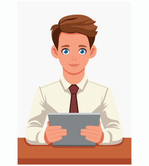 Young student in business suit working at a tablet. A teenager in a tie holds a touch screen tablet. Concept of work, learning, getting a profession, entertainment and recreation.