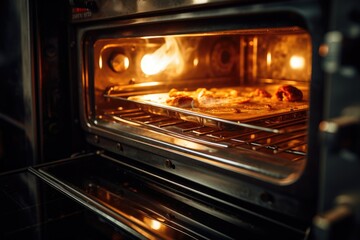 A close-up shot of an oven with food cooking inside. Perfect for illustrating cooking, baking, or home-cooked meals