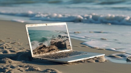 A laptop computer sitting on top of a sandy beach. Perfect for remote work or digital nomads