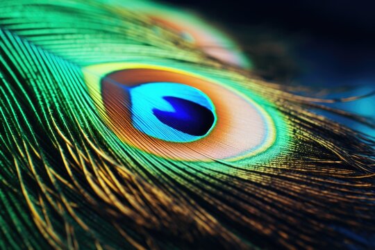 Close up view of a peacock feather showcasing its intricate details and vibrant blue eye. This image can be used to add a touch of elegance and beauty to various design projects