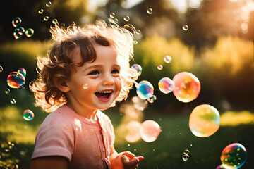 little child playing with bubbles